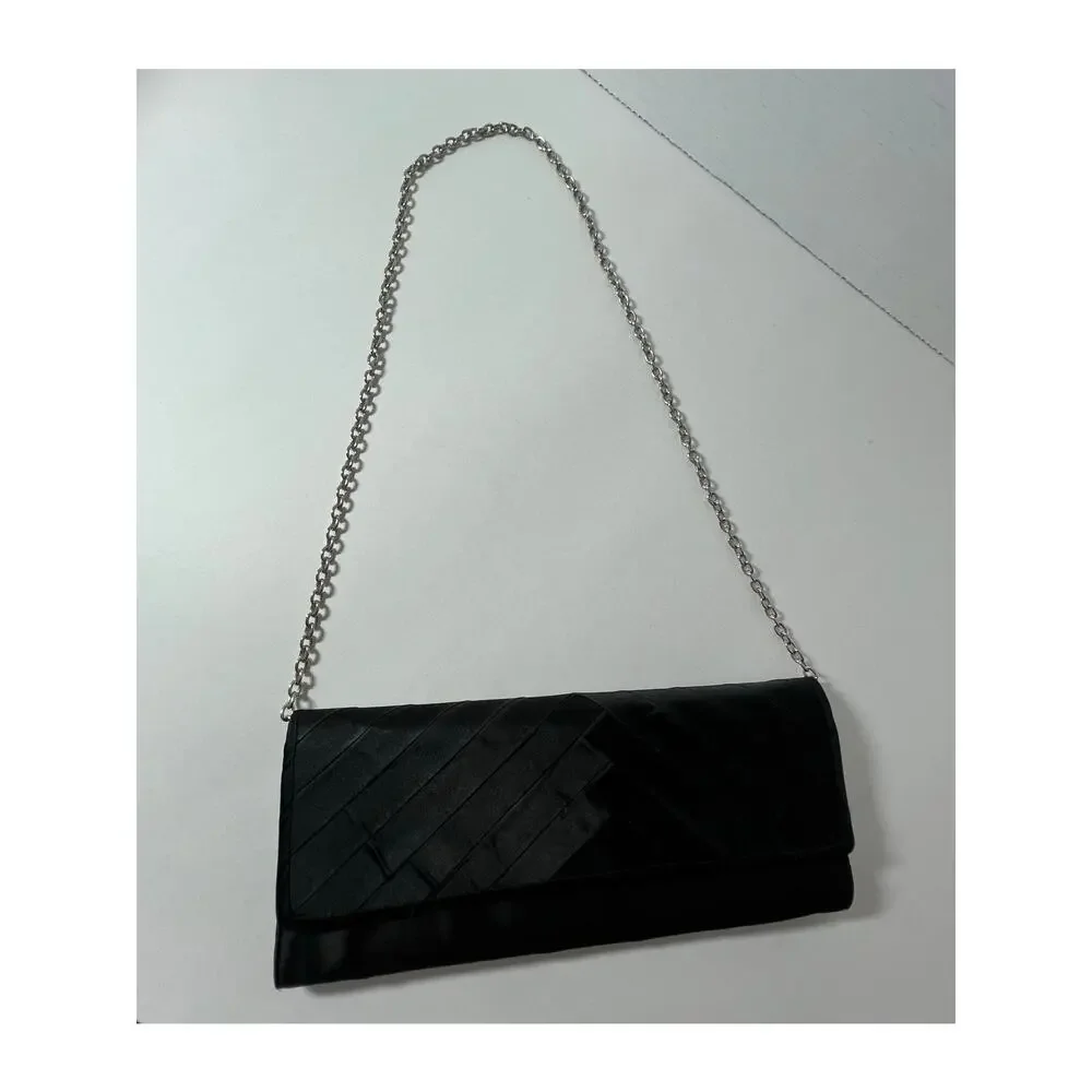 Aldo Formal Satin Clutch Shoulder Bag Black Pleated with Silver Chain